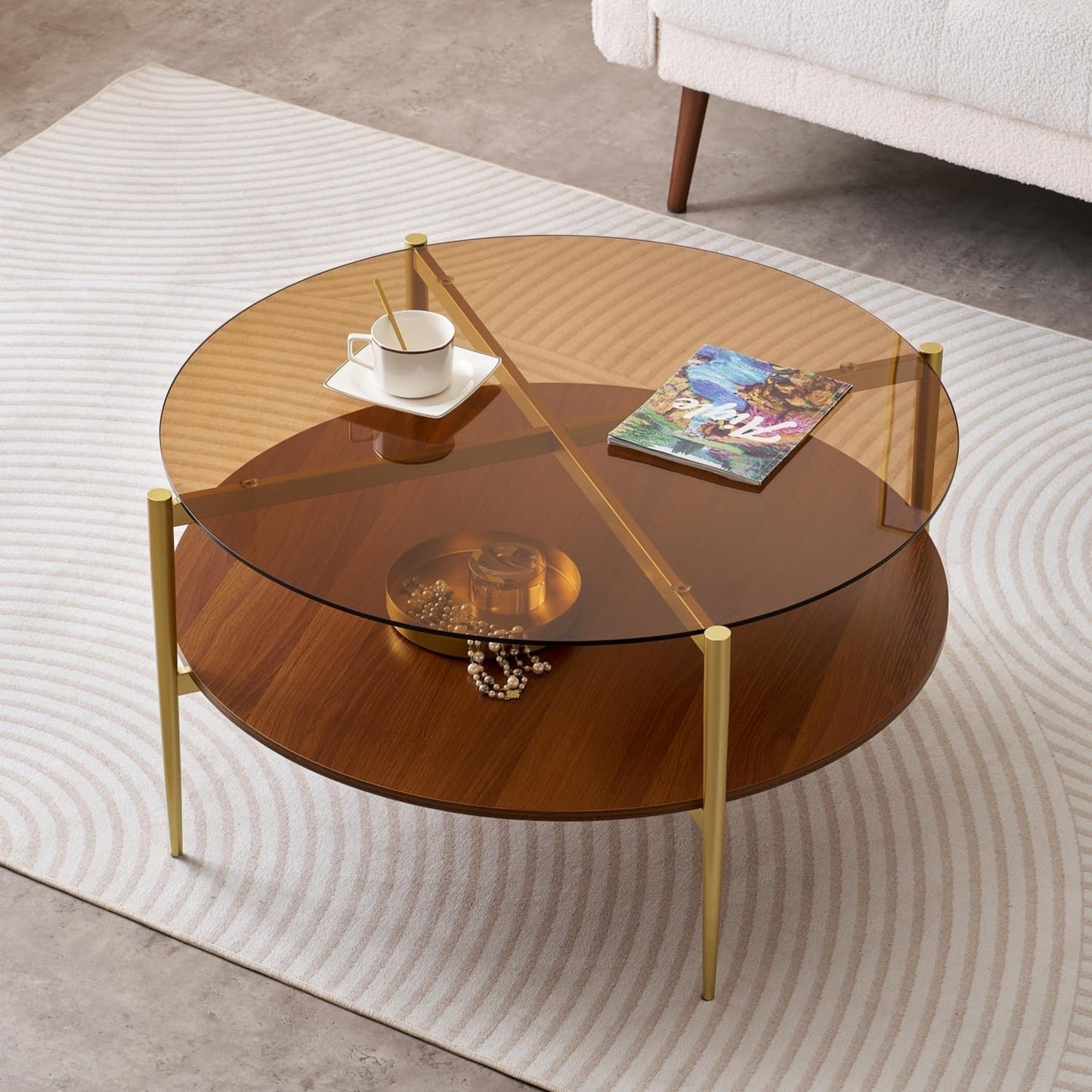 Extra Large Round Coffee Table, Mid-Century Modern Design, D34 x H17 in, for Living Room, 2-Tier Structure, Amber Glass Top and Walnut MDF Shelf, Sleek Conical Metal Legs with Gold Finish