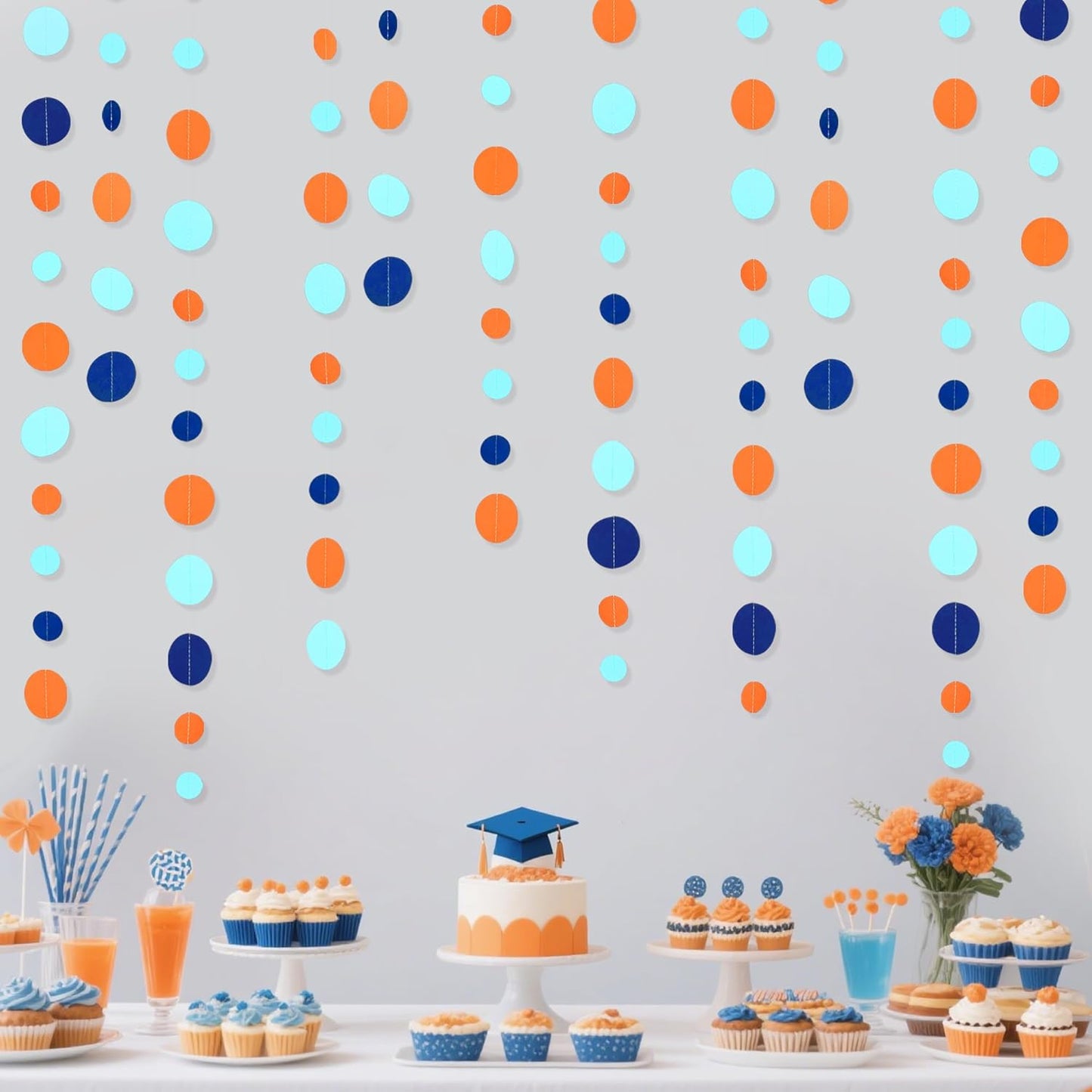 46 Ft Navy Blue Orange and Teal Circle Dots Garland Royal Blue Orange Aqua Polka Dot Hanging Paper Streamer for Birthday Wedding Bridal Baby Shower Outer Space Galaxy Theme Party Decorations Supplies