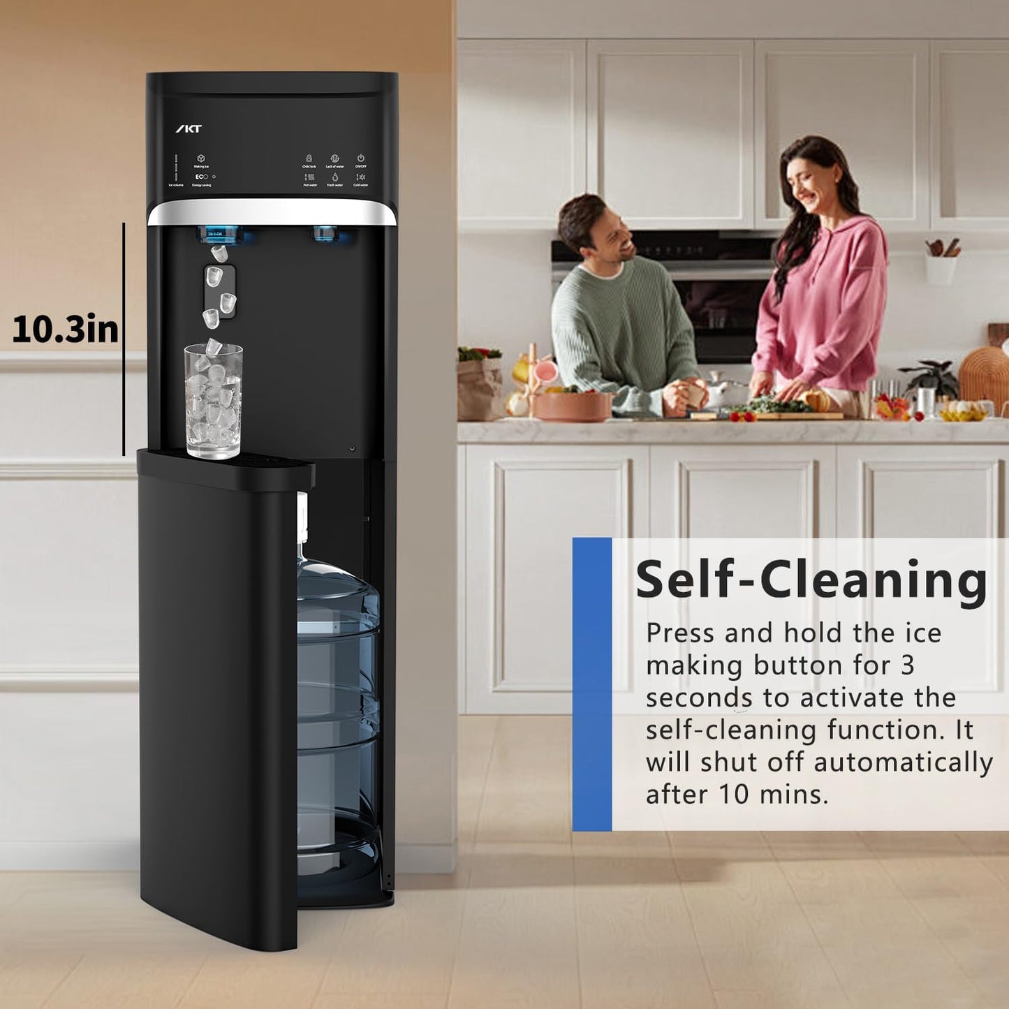 IKT Self-Cleaning Bottom Load Hot and Cold Water Cooler Dispenser with Ice Maker for 5 Gallon Bottle 22lbs Daily Capacity Perfect for Home Black