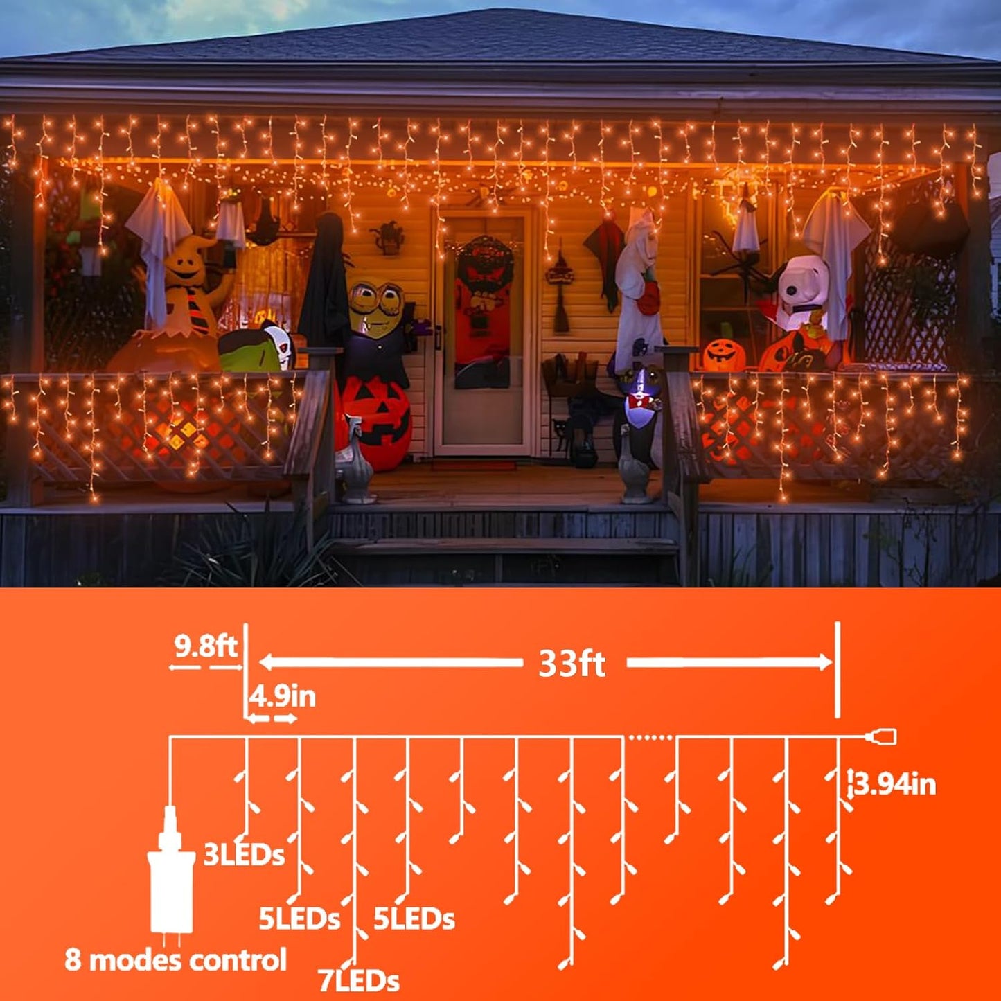 QITONG Orange Lights for Halloween, 33ft 400 LED Icicle Light for Outside with 8 Modes, Clear Wire Connectable Christmas Lights Indoor Plug in