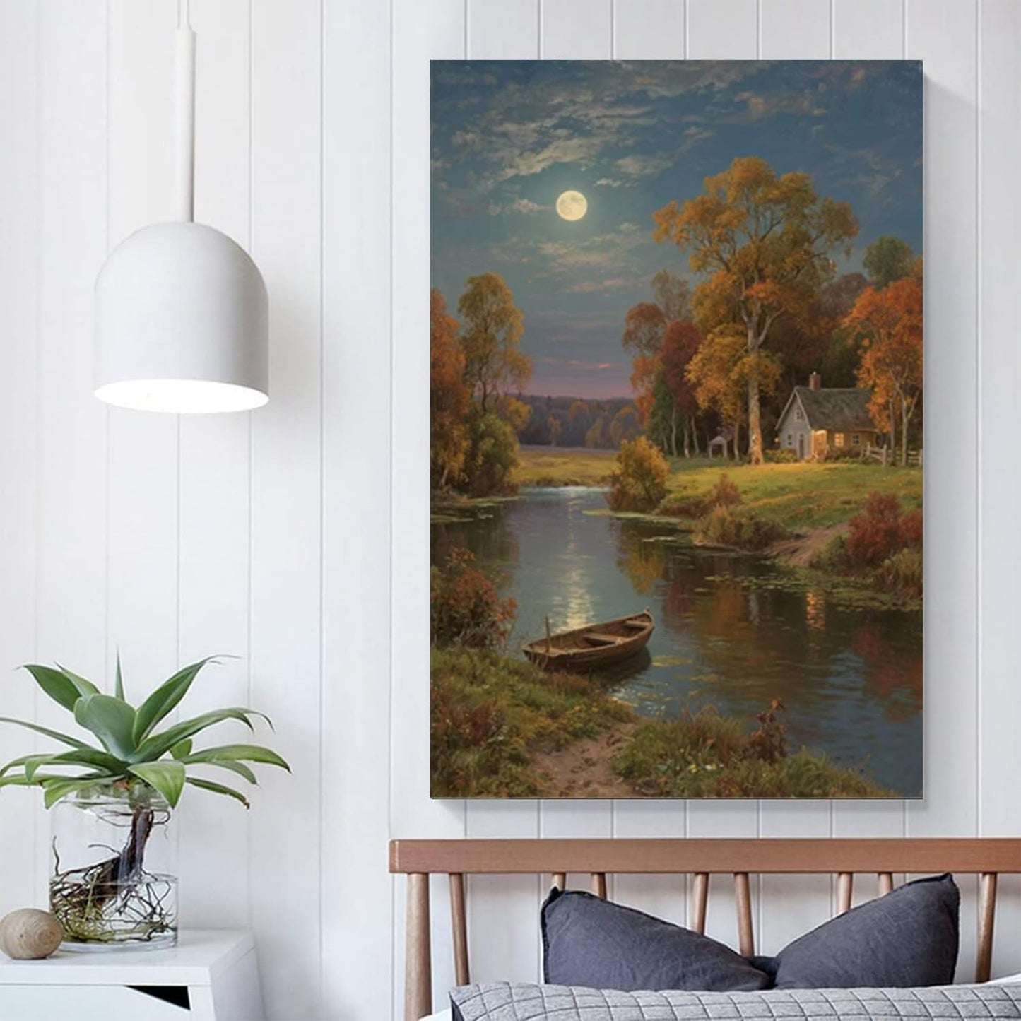 Small house by the stream under the moonlight tranquil style suitable for living room bedroom and office landscape poster wall art