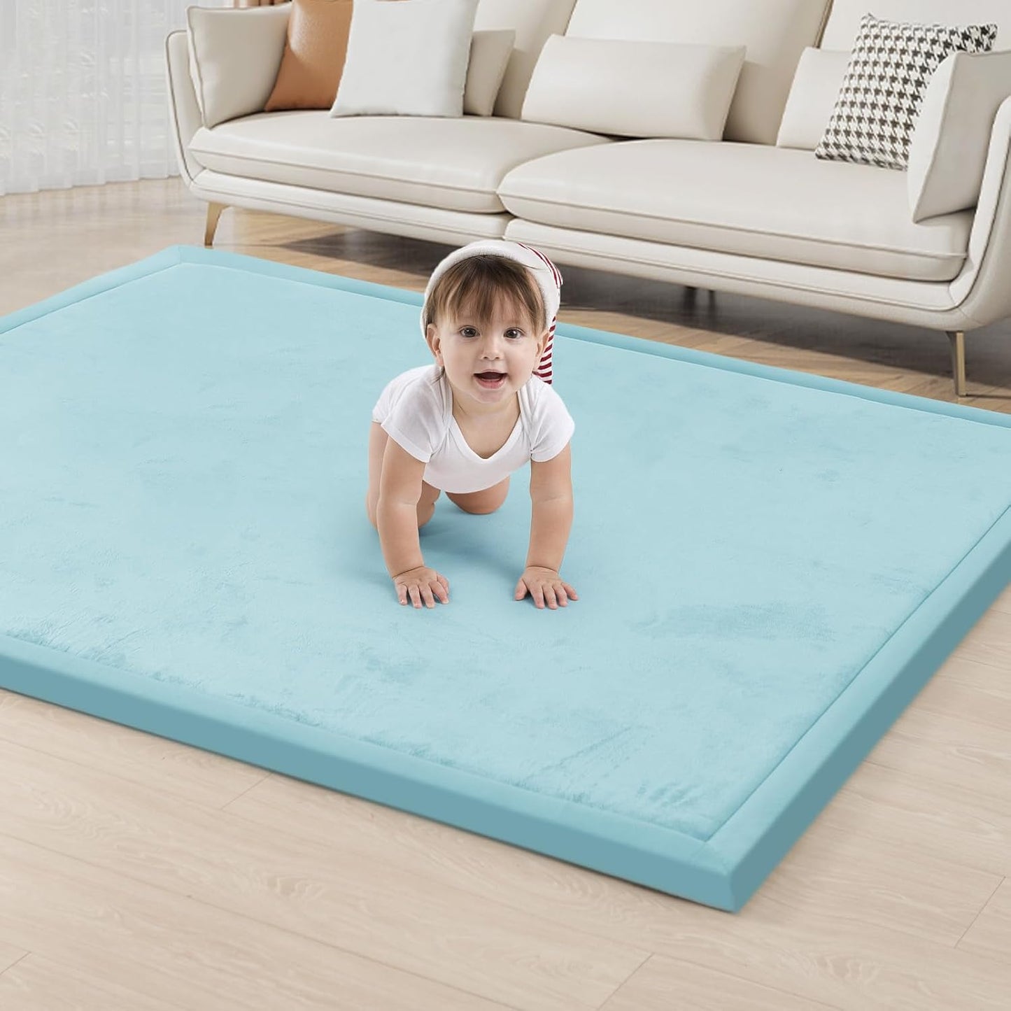 ACOMOPACK Baby Play Mat for Floor 1.3" Thick Memory Foam Play Mat 59"×71" Tummy Time Crawling with Non-Slip Bottom for Living Room,Nursery,Soft Velvet Playpen Mats for Kids,Infants（Light Blue）