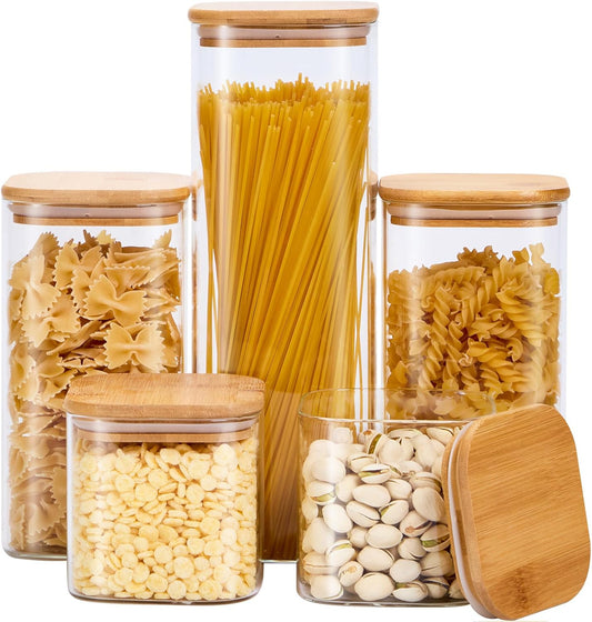 Square Glass Food Storage Jars with Lids[Set of 5], Perfect for Pasta, Cookies, Nuts, Coffee, Cereal, Flour,Organize Your Kitchen and Pantry with these BPA-Free Glass Jars with Canisters