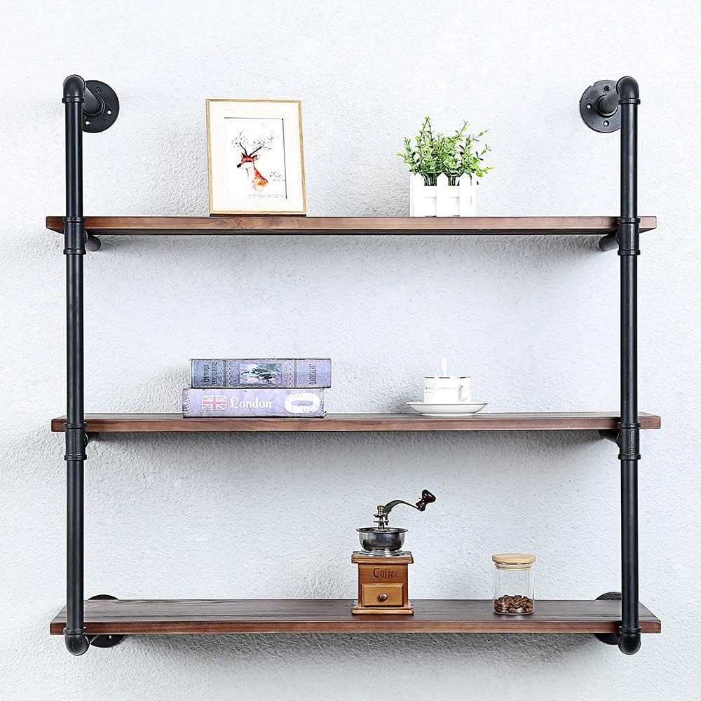 Industrial Pipe Shelving Wall Mounted,36in Rustic Metal Floating Shelves,Steampunk Real Wood Book Shelves,Wall Shelf Unit Bookshelf Hanging Wall Shelves,Farmhouse Kitchen Bar Shelving(3 Tier)