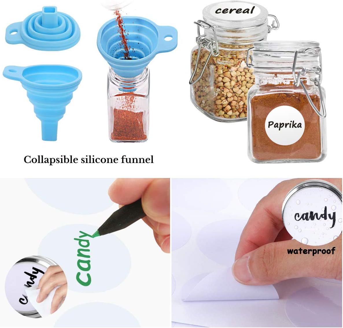 Spice Jars, 12 Pack 4oz Small Glass Jars with Airtight Hinged Lid, With 12 Spice Labels & Silicone Funnels, Airtight Glass Jars for Spices, Art Craft Storage (12 Pack)