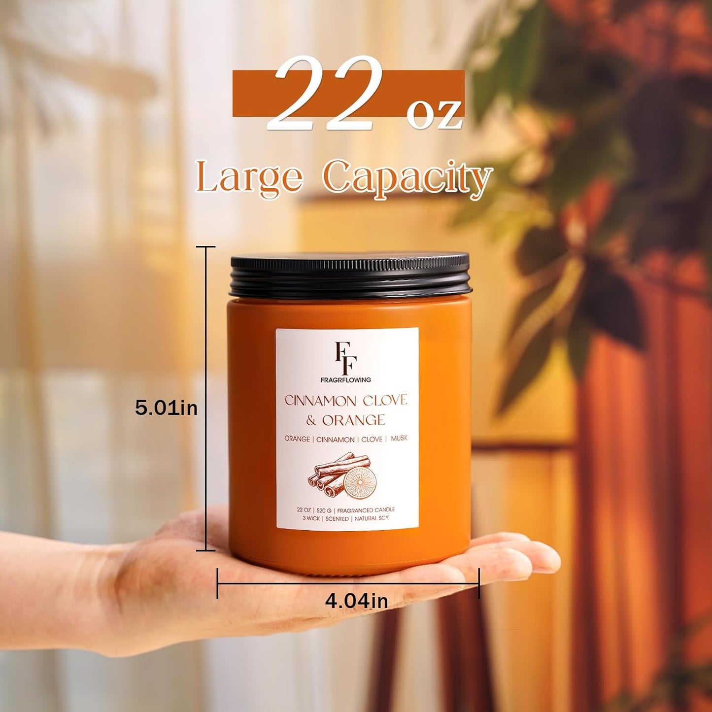 Large Fall Candle Cinnamon Clove Scented, 3-Wick 22oz Long Lasting Scented Candle, Natural Soy Wax Aromatherapy Candle for Home, Autumn Candle Gifts for Women Men