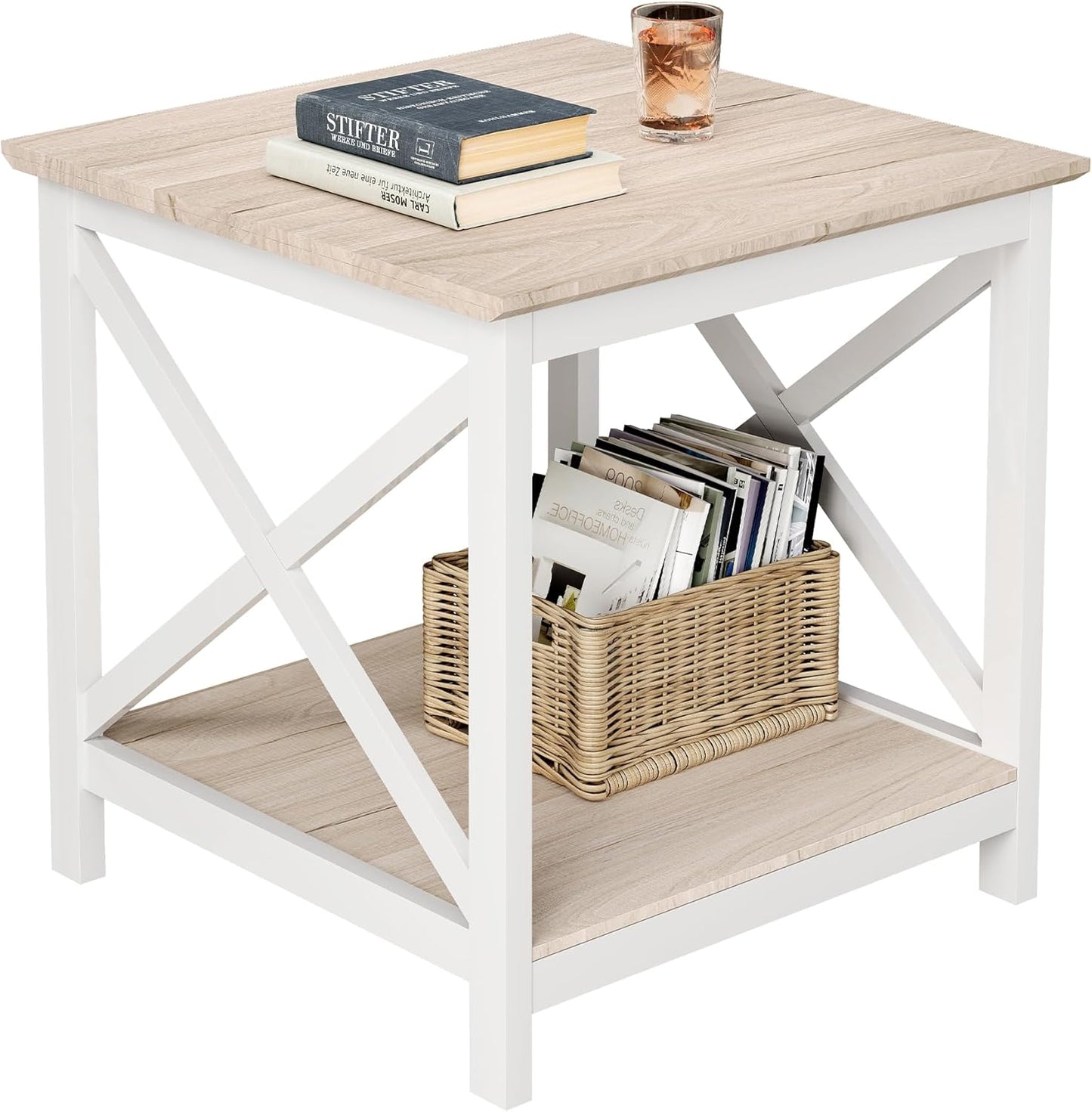 ChooChoo End Table, 24 Inch End Table with 2-Tier Storage Shelf, Side Table for Living Room, Wood Nightstand for Bedroom, Office, Oak