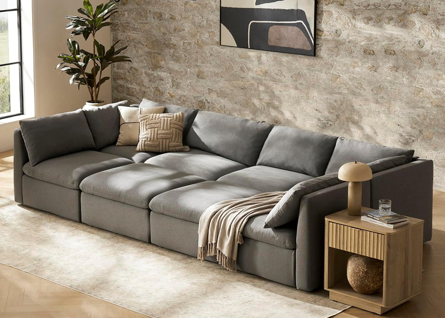 mopio Oversized Modular Sectional Sofa with Fully Removable Covers and Storage, Convertible U, L-Shaped and Sleeper Sectional, Modern Couches with Ottoman Chaise (Stone Gray Fabric, 8 Seats, Sleeper)