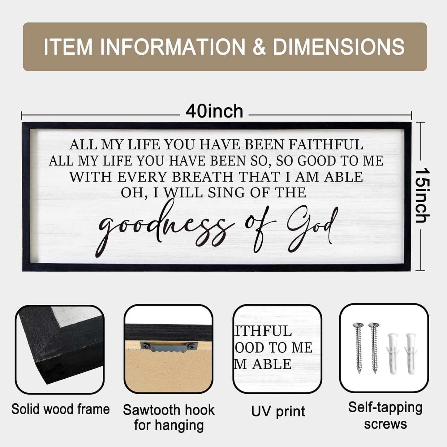 Goodness of God Framed Wall Art, 40''×15'' Positive Religious Black Bible Verse for Christian God Jesus Christ Prayer, Vintage Rustic Long Holy Catholic Scripture Decor