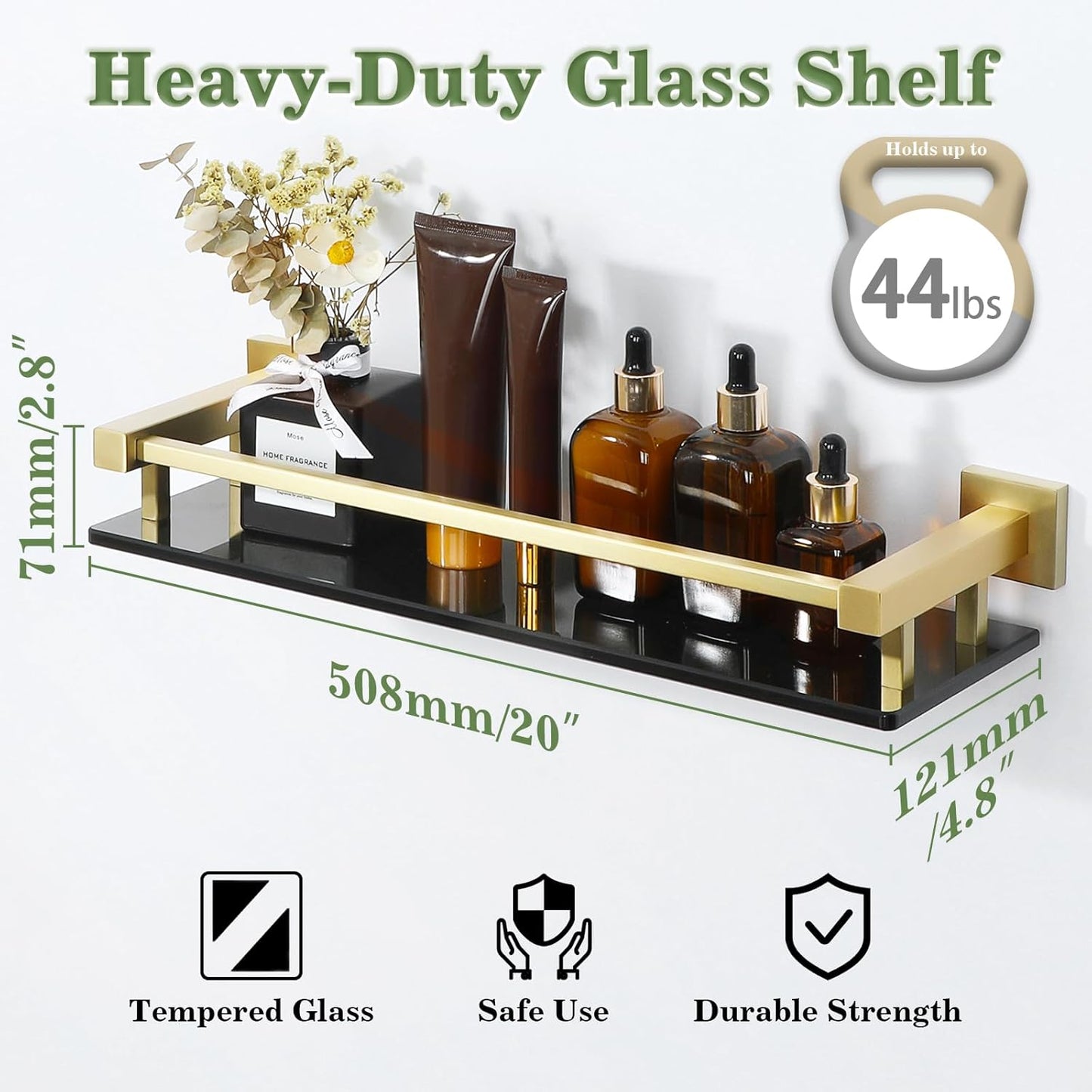 Alise Bathroom Glass Shelf with Stainless Steel Railing, Gold Small Tempered Glass Floating Wall Shelf Over The Toilet, 16 inch