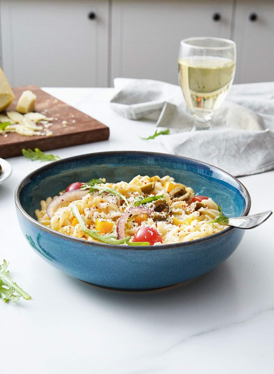 LE TAUCI Pasta Bowls 45 Ounce, Ceramic Salad Bowl, Large Serving Bowl Set - Set of 4, Ceylon Blue