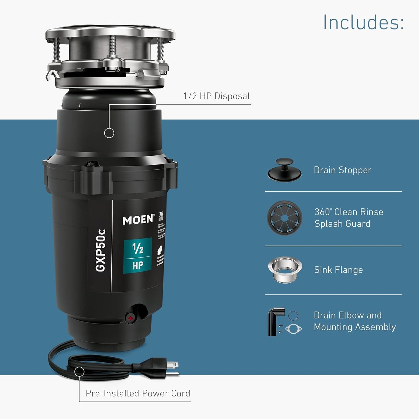 Moen Prep Series PRO Continuous Feed Compact Garbage Disposal for Kitchen Sink with Power Cord, GXP50C