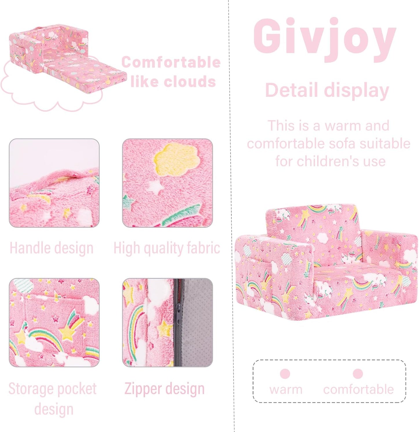 Toddler Chair Kids Couch, 2-in-1 Comfy Armchair with Removable and Washable Cover Carrying Handle, Convertible Reading Chair Toddler Couch for Girls and Boys, Pink Rainbow