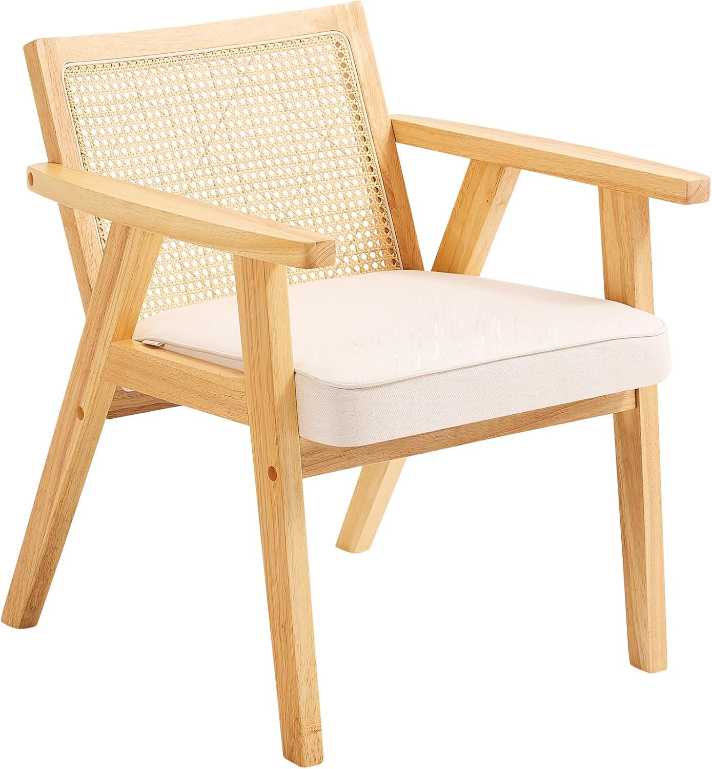 VEVOR Mid Century Modern Rattan Chair, Upholstered Velvet Accent Chair with Rattan Back, Retro Living Room Chair for Living Room, Bedroom, Reading Room, and Office, Beige