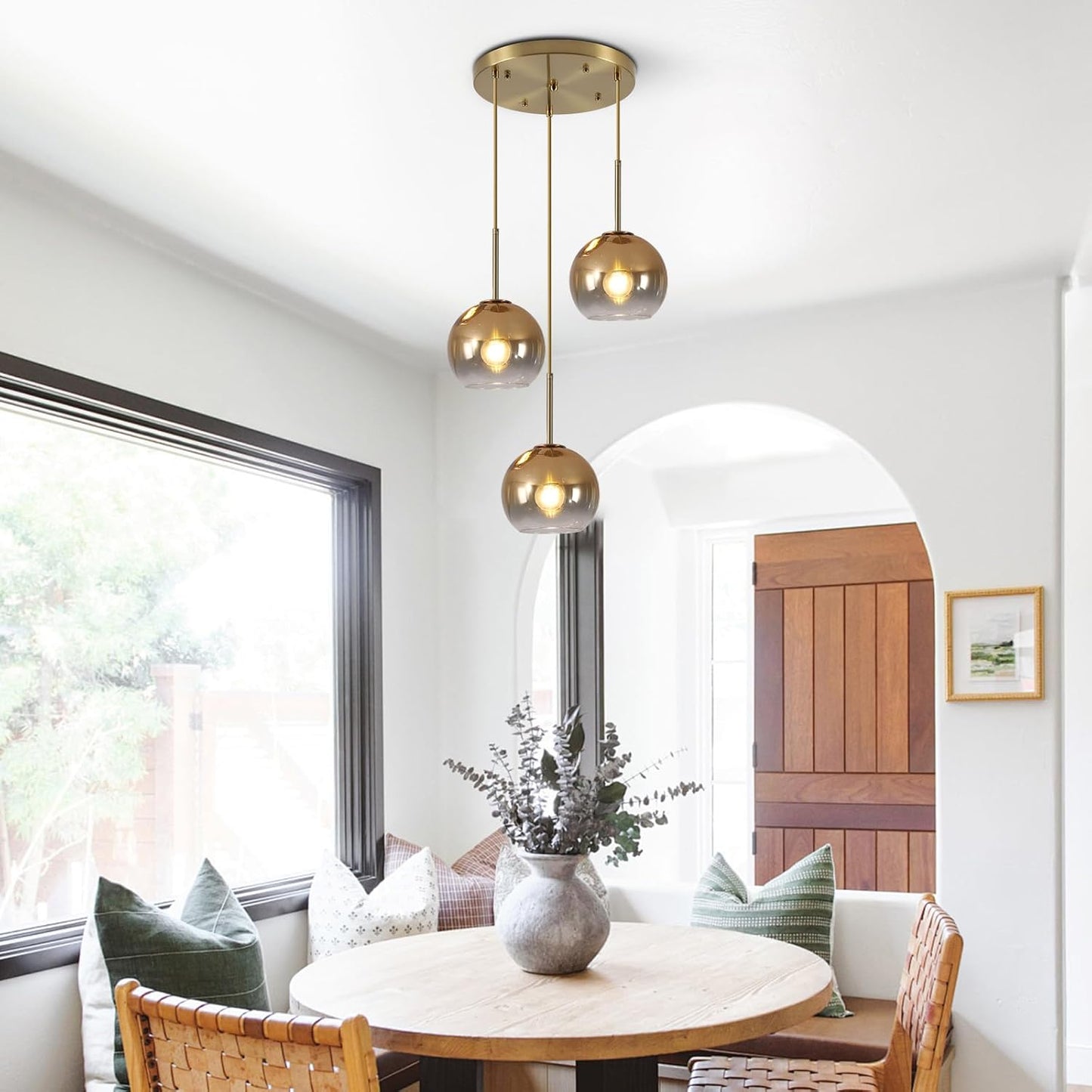 KCO Lighting 3 Light Globe Cluster Pendant Light Modern Glass Cluster Chandelier Gold Glass Pendant Light Fixture Mid Century Dining Room Chandelier Multi Pendant Light Fixture