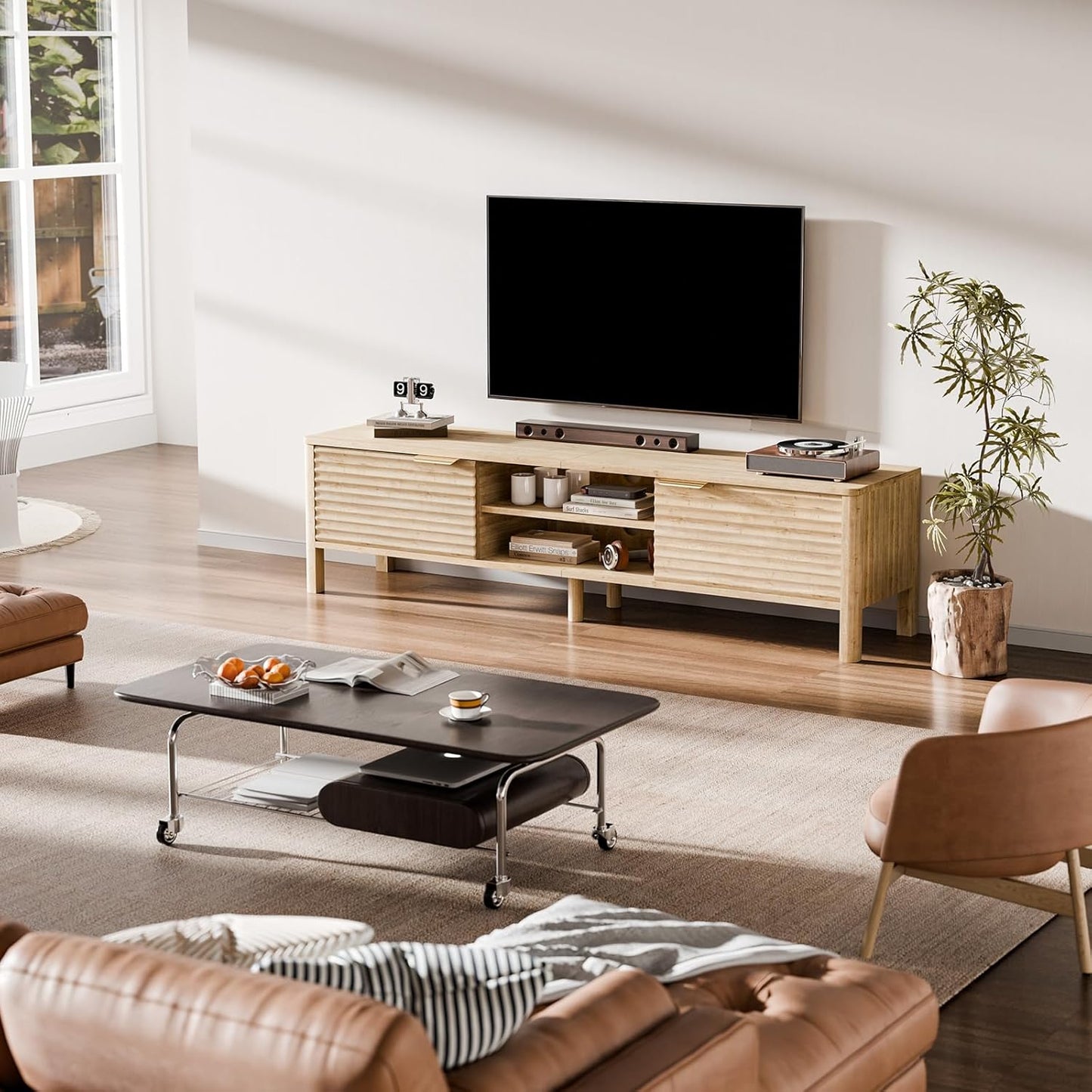 TV Stand for Living Room - up to 65 Inch TVs Mid Century Modern Entertainment Center with Storage and Adjustable Shelves, Media Console Table Oak 59"