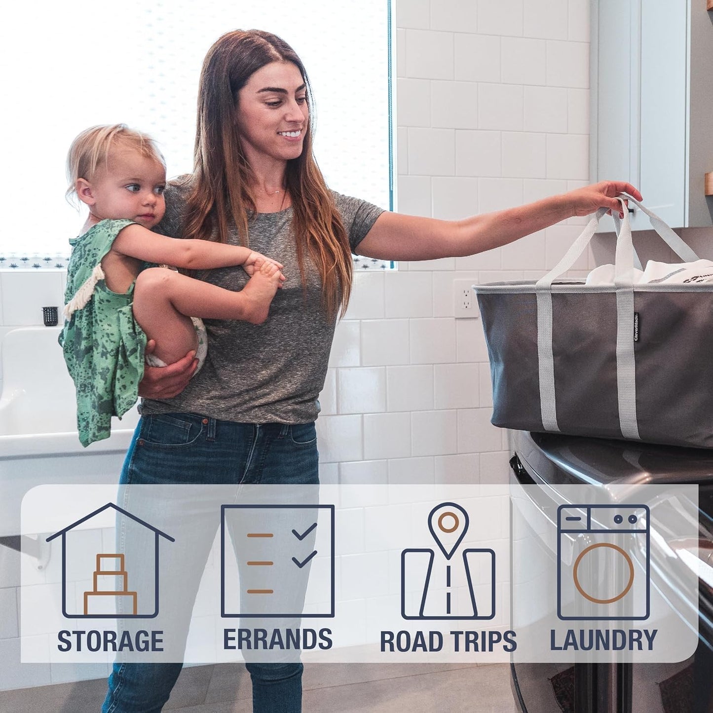 CleverMade Collapsible Laundry Tote - Midnight Black Shadow Gray 2-Pack 50L - Foldable Storage Organization Container for Clothes Laundry Room Storage