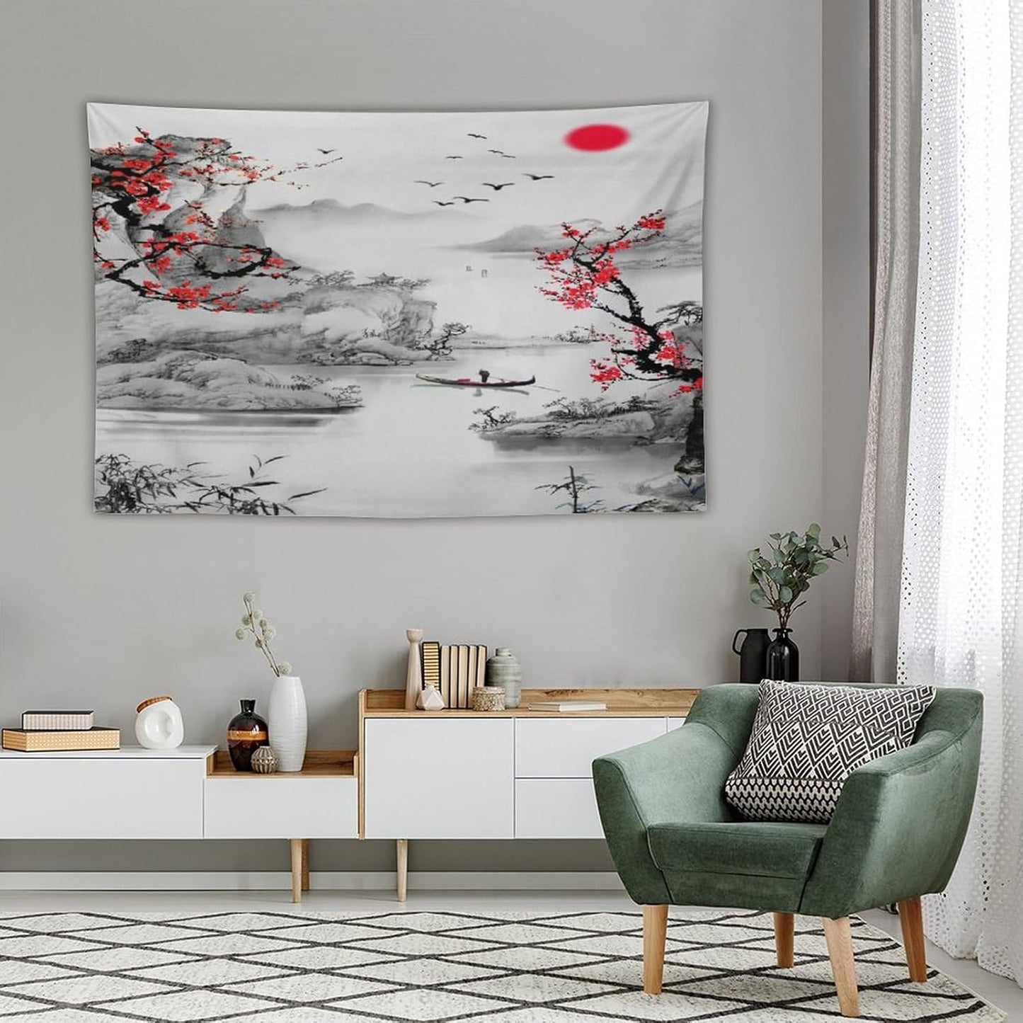 Cherry Blossoms Tapestry, Japanese Red Landscape Watercolor Abstract Art, Asian Japanese Wall Tapestry, Nature Landscape Tapestries for Bedroom Living Room Decor 90"x60"