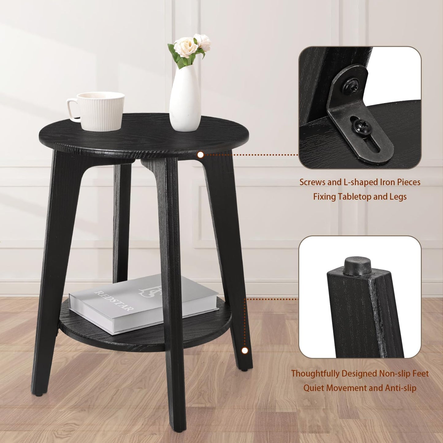 Side End Table Round Black Beside Table Sofa Table Nightstand Modern End Table 2-Tier Small Accent Tables Great for Small Spaces Living Room Bedroom