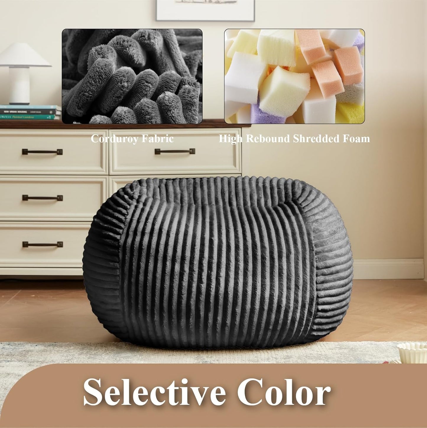 Premium Beige Bean Bag Chair for Adults with Armrest- Ultra Plush Memory Foam Lounge Sofa & Comfy Reading Nook Chair for Bedroom, Living Room & Dorm (Gray, 4FT)