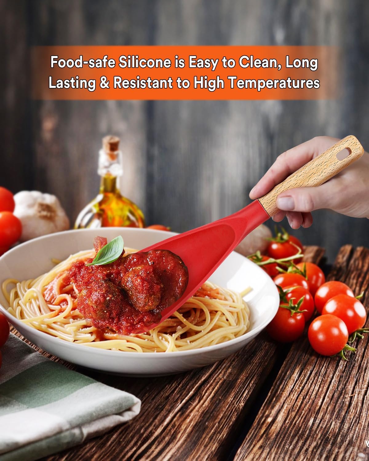 Cooking Spoon for Nonstick Cookwares, Great for Cooking and Serving Sturdy BPA-Free Matte Silicone, Wood Handle Spoon for Mixing, Scoop, and Scrape (Black & Red, 11.4 inch)