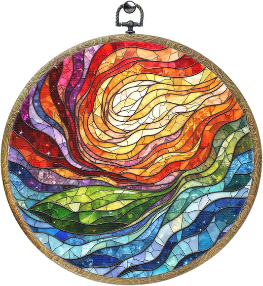 Colorful Boho Rainbow Geometric Spiral Sun Art Gift Framed Round Wall Decor Canvas Wall Art Hanging Prints Artwork for Home Office Bathroom Bedroom Living Room Decorations 10.2X10.2 Inch