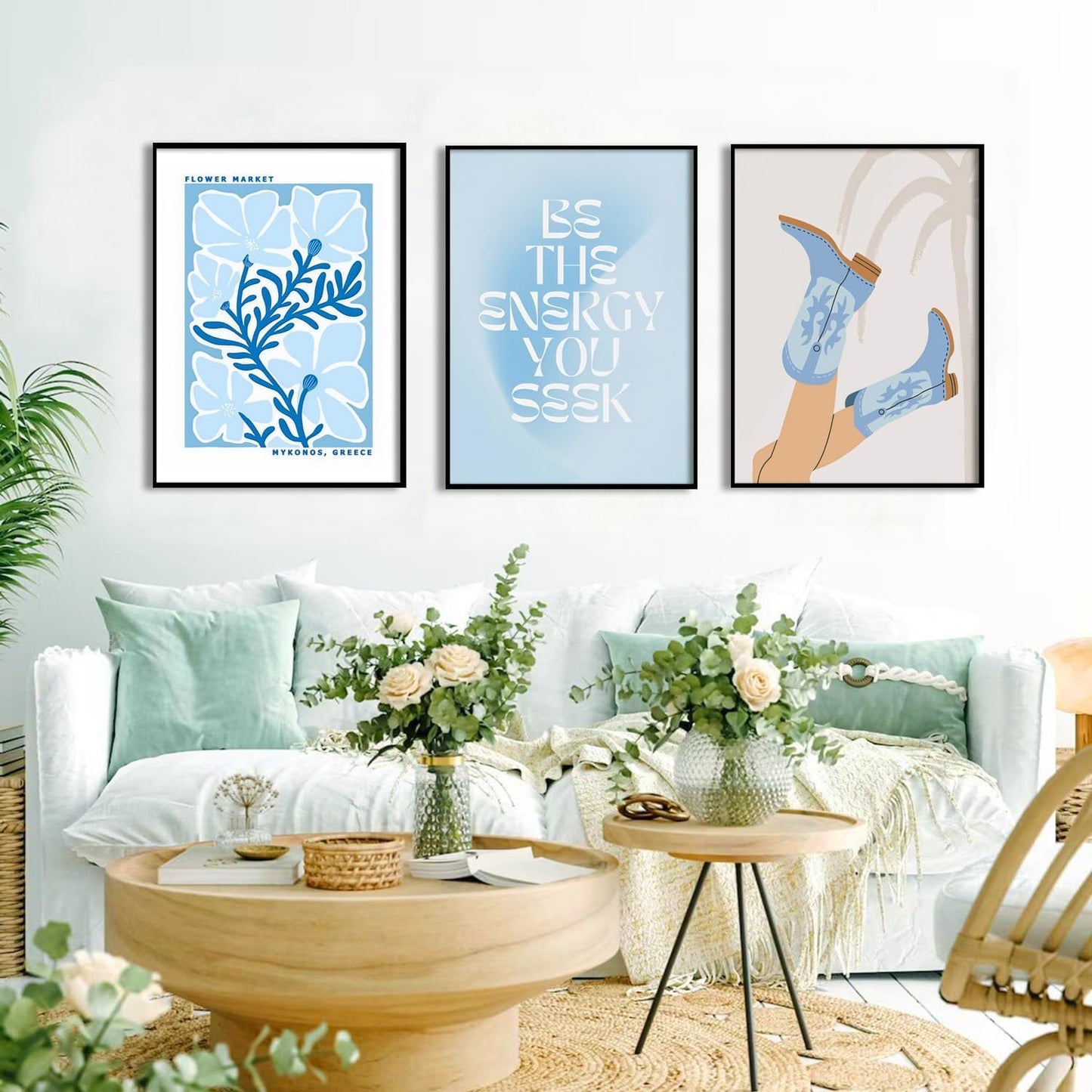 Blue Preppy Canvas Wall Art Posters Set of 3 Trendy Cowgirl Boots Home Decor Flower Market Painting Prints Coastal Aesthetic Picture for Girls Bedroom Bathroom Living Room Dorm 16x24Inch Unframed
