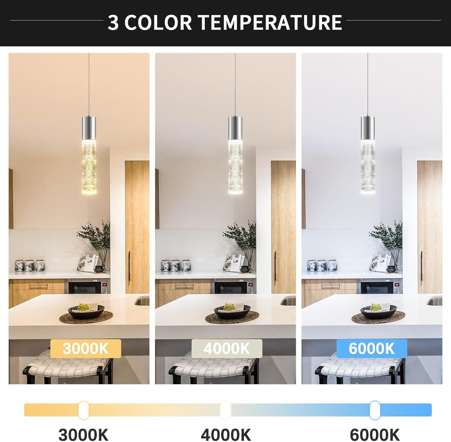 OKELI Modern Pendant Light,3 Color LED Bubble Crystal Island Light Fixtures,Chrome Mini Pendant Lighting for Kitchen Island,Bar,6W,3000-6000K,ETL