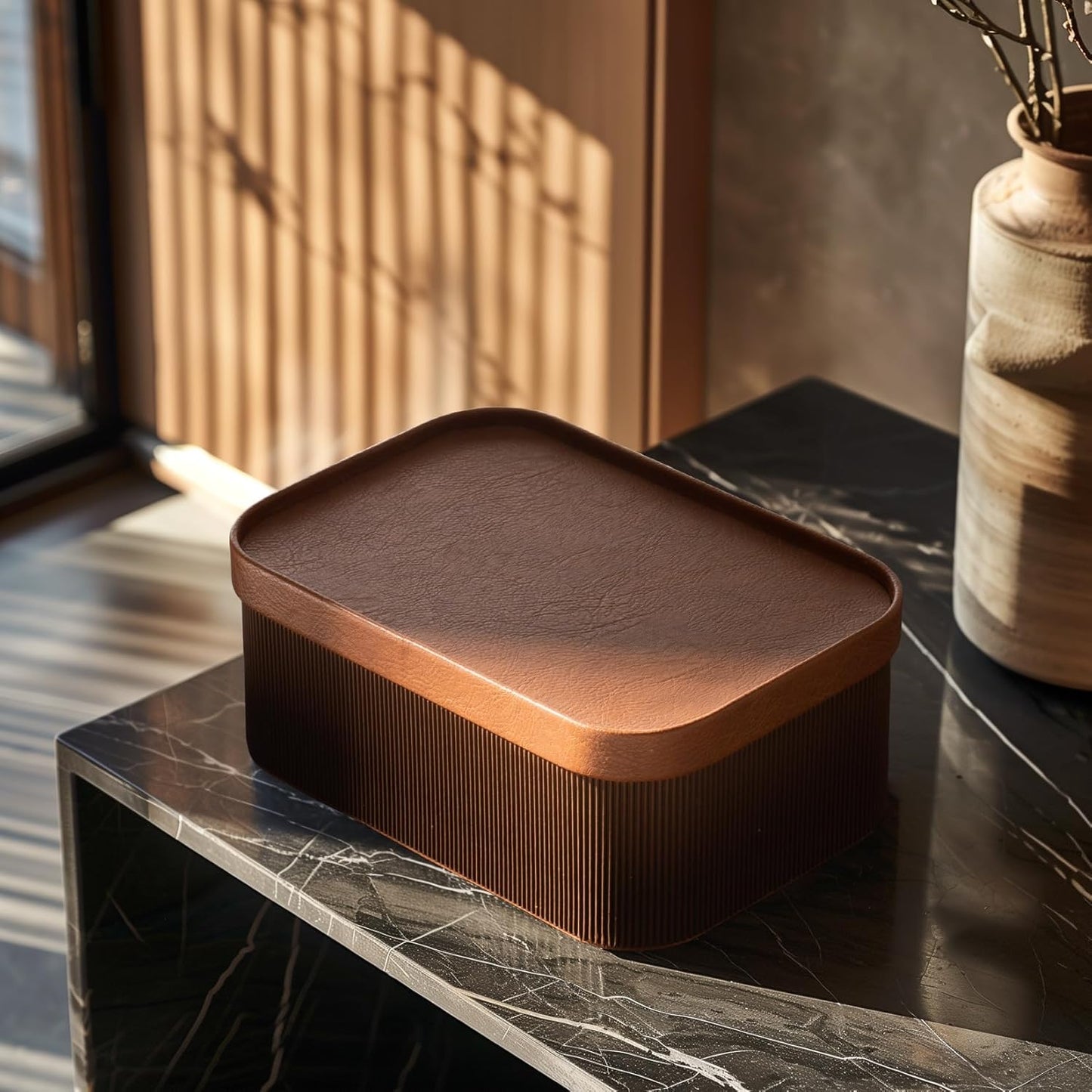 La Jolie Maison Fluted Cardboard Storage Baskets with Leather-Like Lids, Sturdy Stackable Paper Boxes Decorative Tray, Set of 3 Chestnut