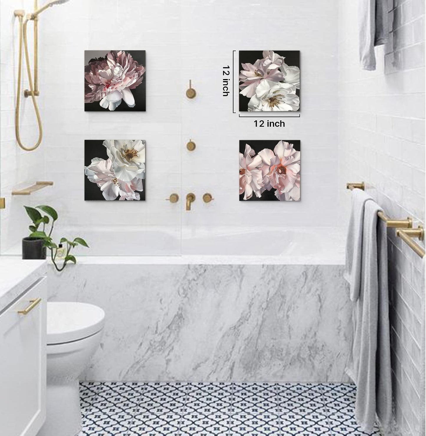 Yxbhhym Floral Canvas Wall Art White Flowers Wall Picturs Prints Pink Florals Artwork for Wall Décor Painting Poster for Bathroom Art Living Room Decor-Framed Wall Art -12x12inches x 4 pcs