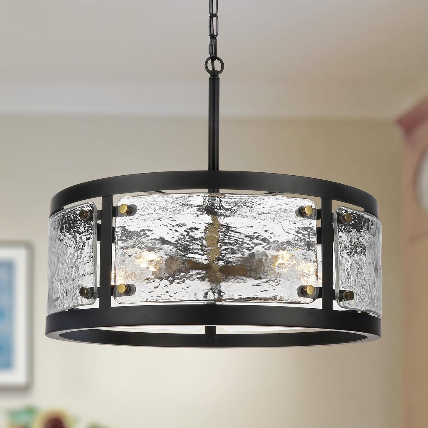 20" Farmhouse Round Black Chandelier, 5-Light Rustic Dining Room Light Fixtures Over Table, Industrial Glass Chandeliers for Dining Kitchen Living Room, Clear Waterglass Drum Shade