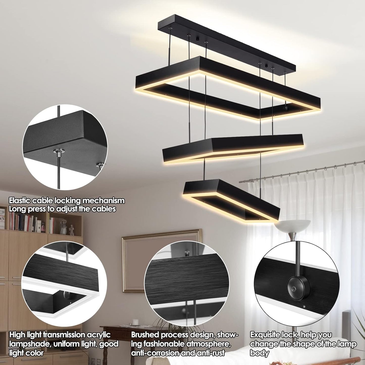 Modern 3 Rings Rectangle Chandelier for Living Room - Adjustable Height Luxury Foyer Lighting Fixture for High Ceiling, Hanging Dining Room LED Pendant Light