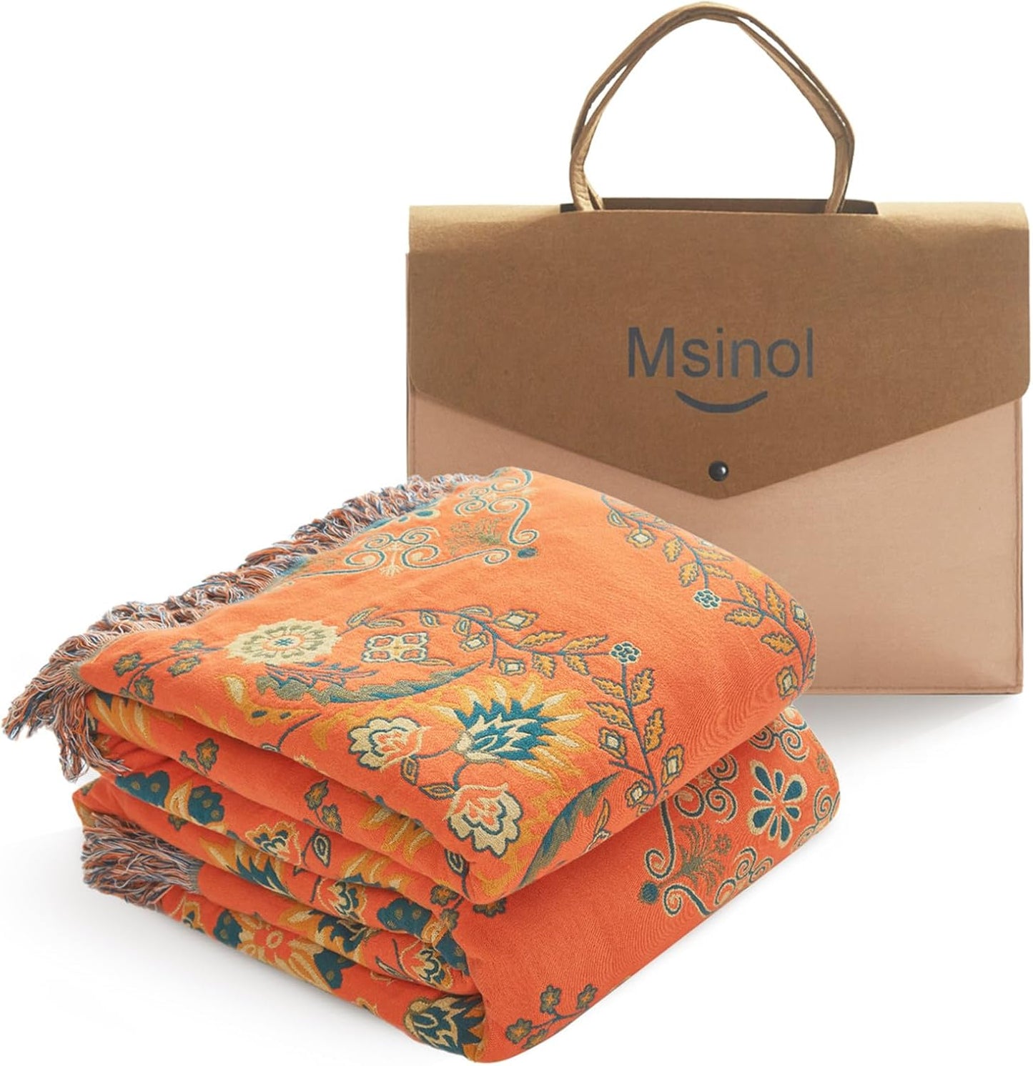 Colorful Throw Blanket 80"x90" Pure Cotton Luxury Throw Rustic Quilt Floral Pattern Home Decor Orange Blanket Lightweight Picnic Blanket(80"x90",04-Garland)