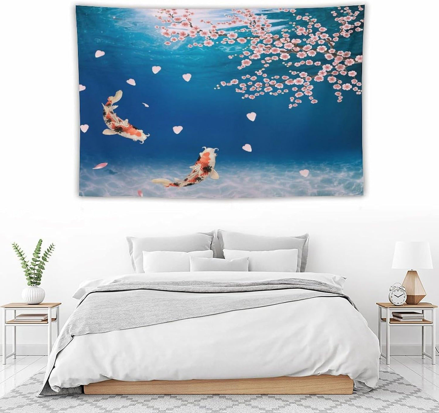 Japanese Koi Fish Tapestry, Cherry Blossoms Asian Oriental Blue Floral Branch Koi Fish Carp Tapestries Wall Hanging for Bedroom Living Room Office Decor 90"x60"