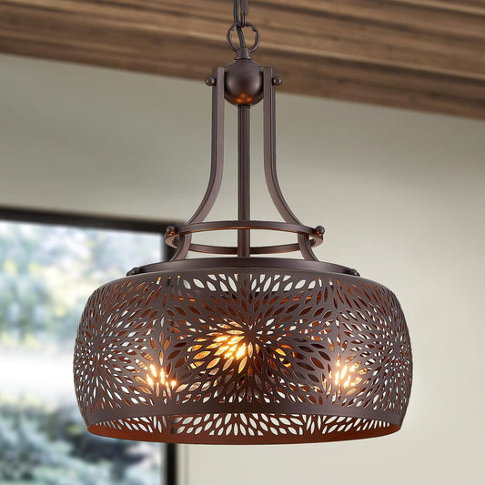 WUZUPS Chandelier Rustic Farmhouse Industrial Round Ceiling Pendant LED Light Fixture with Later-Cut Openwork Drum Shade, H 15.7" x W 13.4", Oil Rubbed Bronze