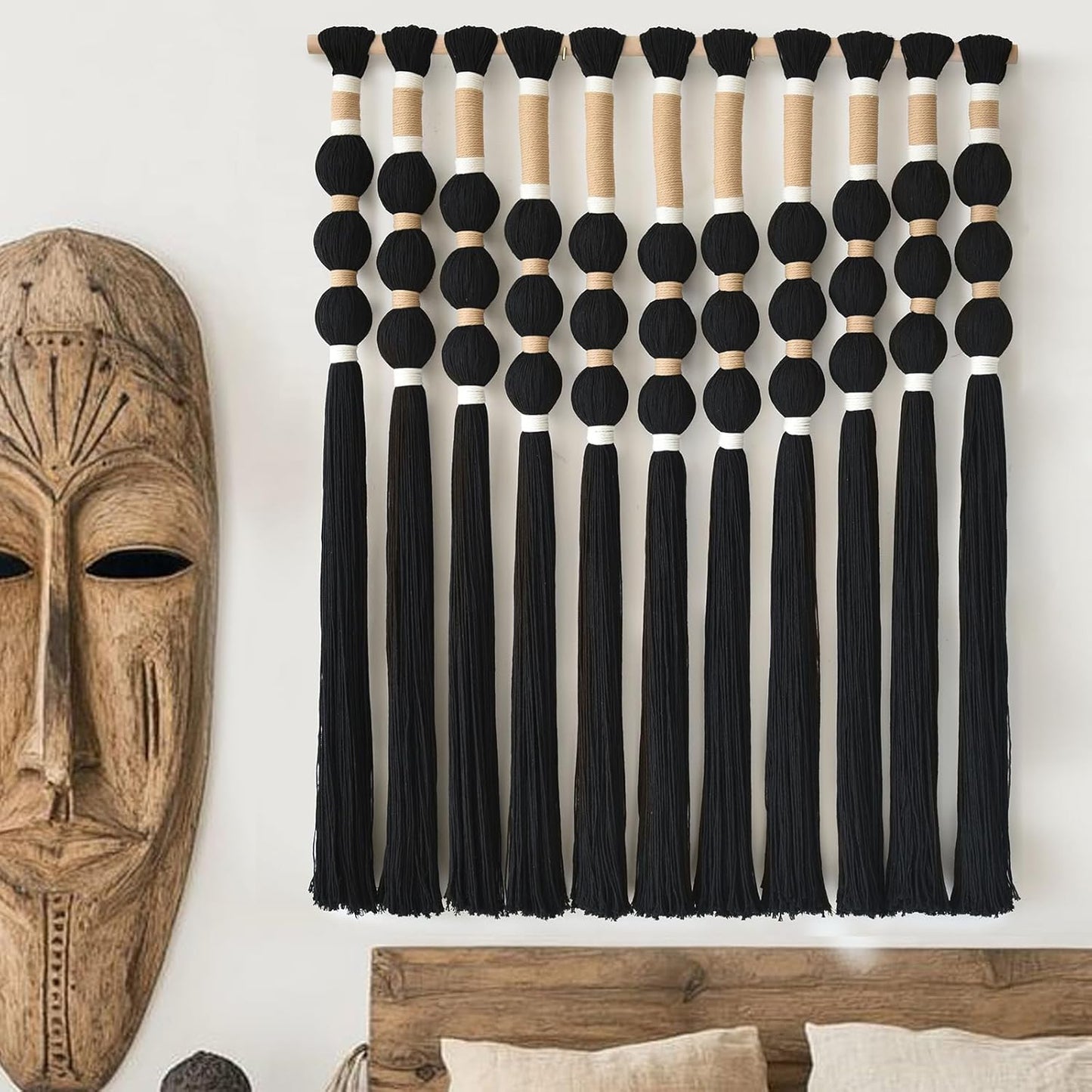 Macrame Wall Hanging Boho Wall Decor Black Fiber Yarn Wall Art Handmade Cotton Spherical Knot for Living Room Bedroom Nursery Office Home Decor27" W x 33" L