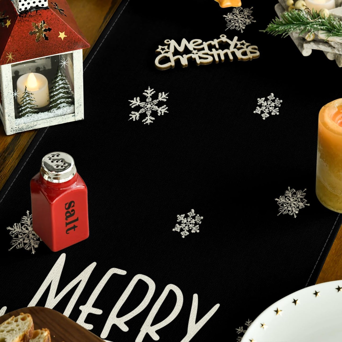 Artoid Mode Xmas Trees Snowflakes Black Merry Christmas Table Runner, Winter Seasonal Kitchen Dining Table Decoration for Home Party Decor 13x36 Inch