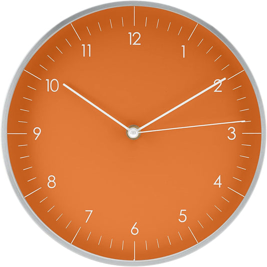 LUUK LIFESTYLE Silent Quartz Wall Clock, Modern and Minimalist Design, Without Ticking, 10” Kitchen Clock, for Living Room, Bedroom, Housewarming Gift, Orange and Silver