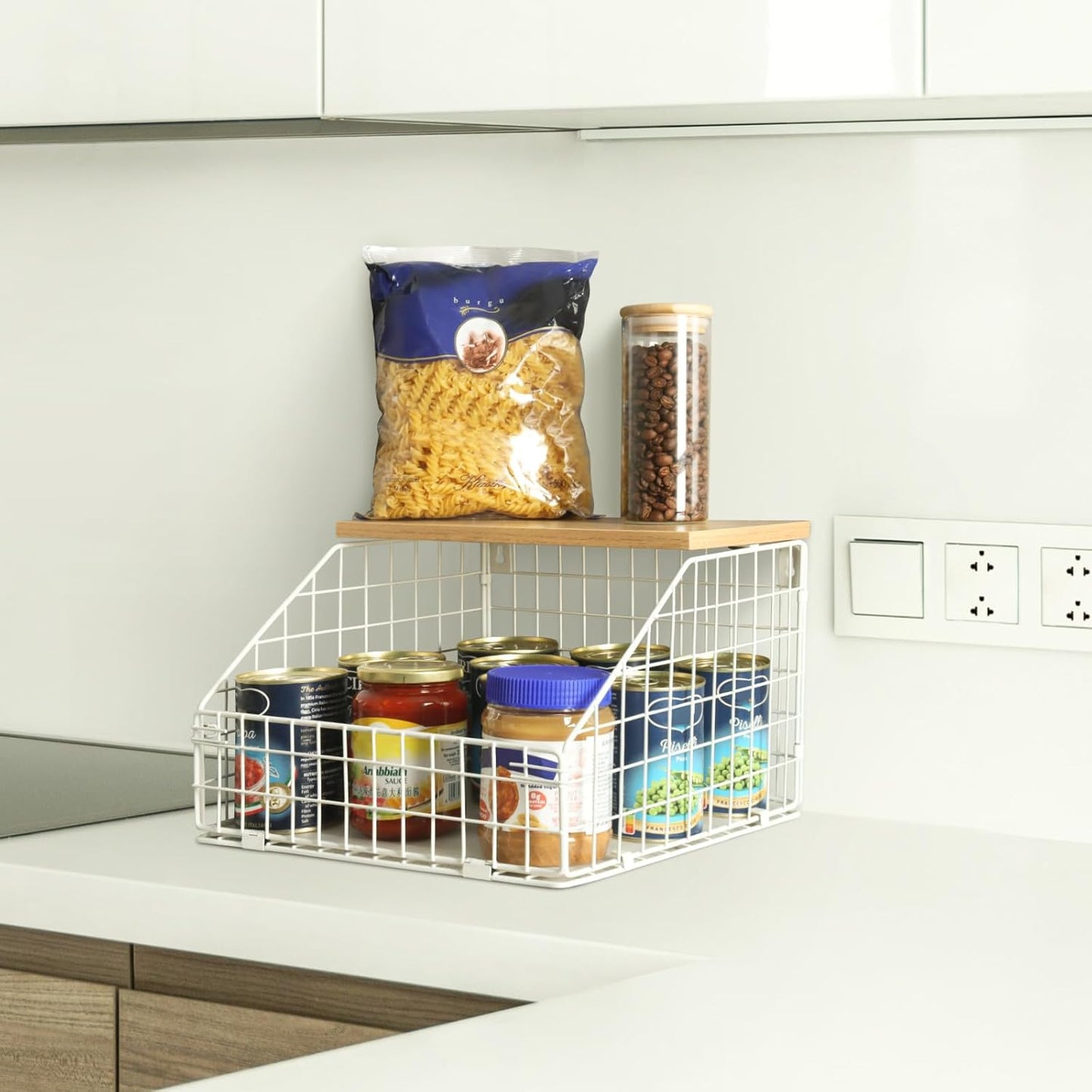 White Fruit Bowl, 2-Tier Fruit Basket for Kitchen Counter, Stackable Wall Mounted Veggie Storage, Snack Organizer, Potato and Onion Storage Basket, Hanging Pantry Organizer with Wood Lid, 2 Set