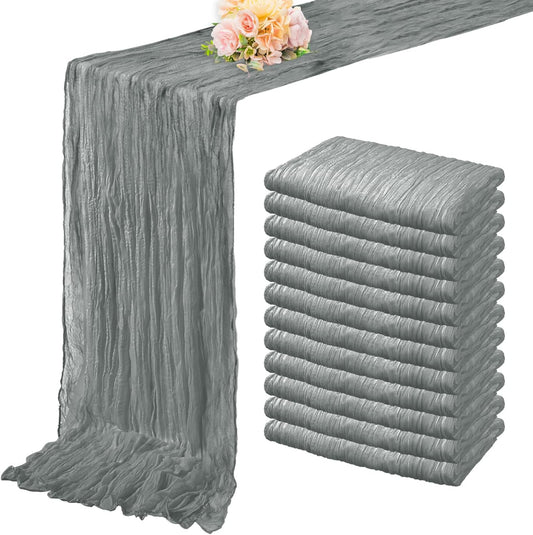 12 Pack Gray 10FT Cheesecloth Table Runner Rustic Gauze Fabric Cheese Cloth Table Runner for Wedding Bridal Baby Shower Table Decor 20 x 120 Inch Long Boho Sheer Birthday Party Table Decorations