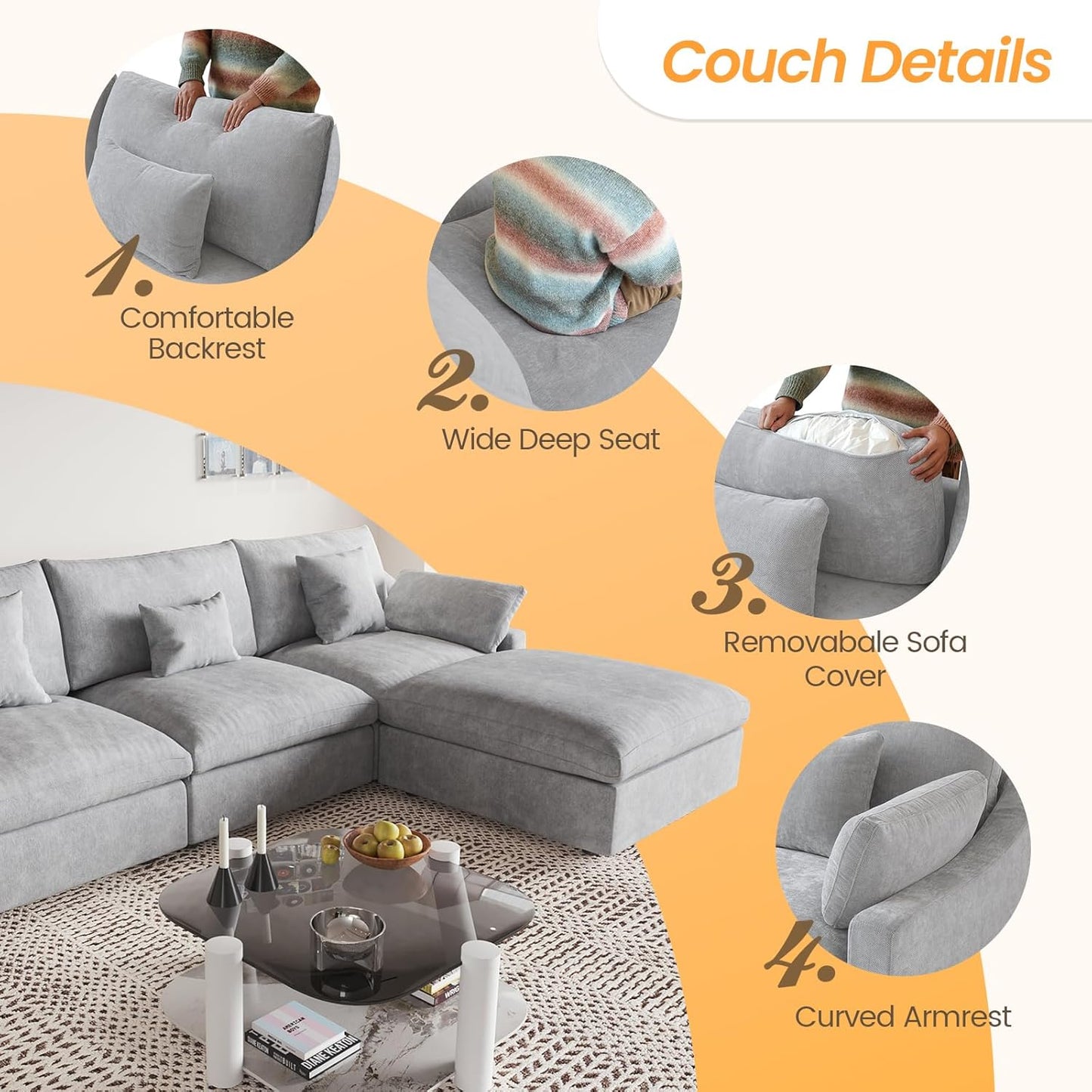 JACH U-Shaped Sectional Couches for Living Room, Cloud Sectional Couch with Deep Seat, 155.9" Modular Sofa with Chaise, Covers Removeable & Washable, Sofas Furniture for Living Room, Light Grey