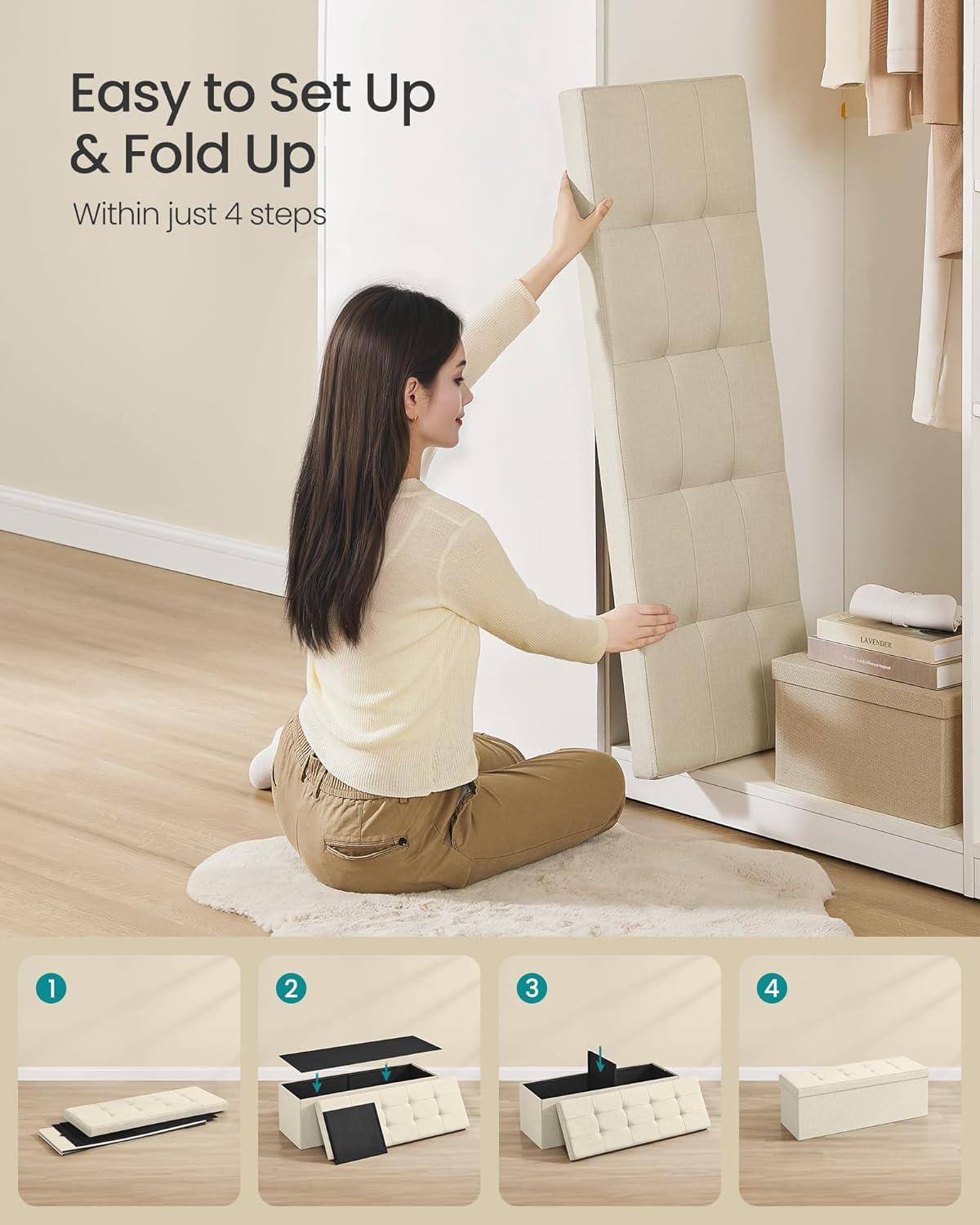 SONGMICS MAZIE Collection - 43 Inches Folding Storage Ottoman Bench, Ottoman Foot Rest, End of Bed Bench, Storage Chest, Load 660 lb, for Living Room, Bedroom, Entryway, Cream White ULSF77BE