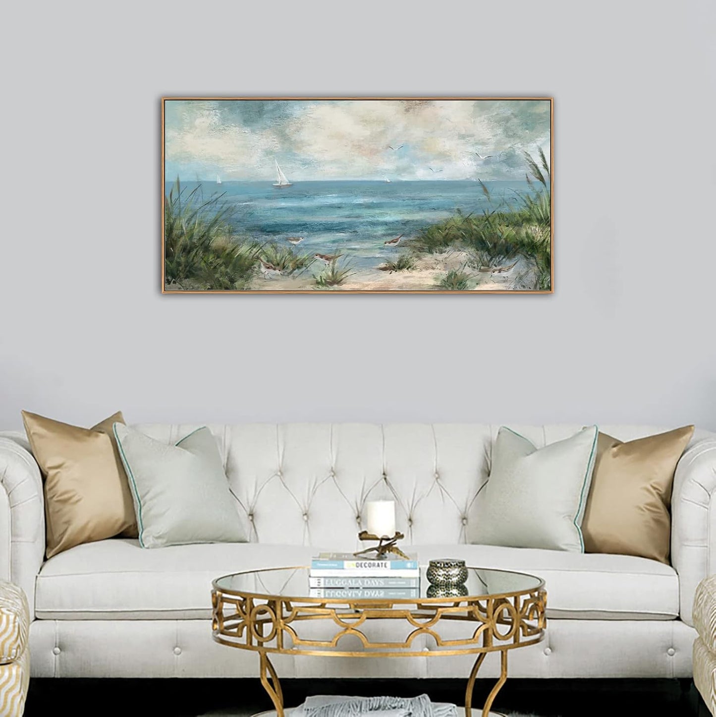 Sea Beach Vintage Seascape Canvas Prints Wall Decor Ocean Sailboat Seagull Beach Bird Reed Canvas Painting Artwork Living Room Bedroom Decoration Natural Framed