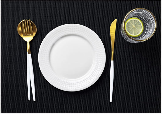 LEXMORE Placemats Set of 4 Vinyl/Plastic Woven Place Mats for Kitchen Table Indoor/Outdoor Washable Placemat Wipeable Dining Table Mats(A-Black)