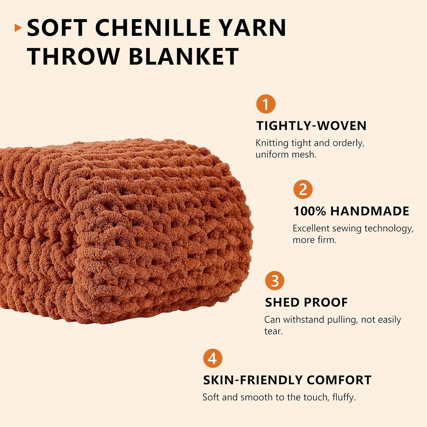 L'AGRATY Chunky Knit Blanket Throw: 72''x84'' Chenille Chunky Knitted Throw Blankets for Bed Couch - Handmade Thick Big Cable Knit Blanket - Large Crochet Rope Blankets for Home Decor(Rusty Orange)