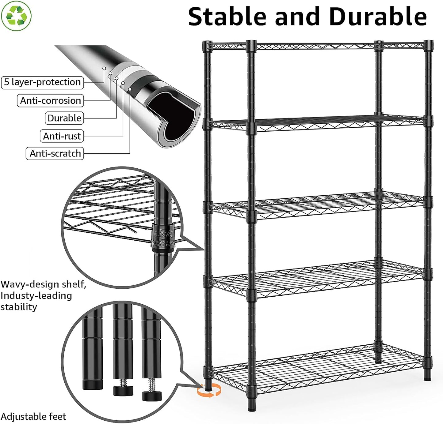 1250 lbs Storage Shelving Utility Shelving Unit 5-Tier Utility Shelving Unit Steel Organizer Wire Rack for Home,Kitchen,Office (13.7" D x 23.6" W x 62.4" H)
