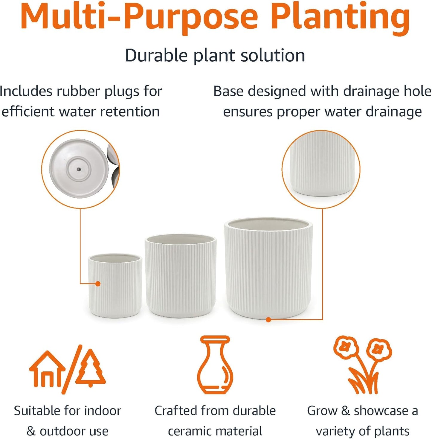 Amazon Basics Assorted Sizes Fluted Ceramic Round Indoor Outdoor Planters with Drainage, Set of 3, Modern Design, 6 inch, 8 inch, 10 inch, White