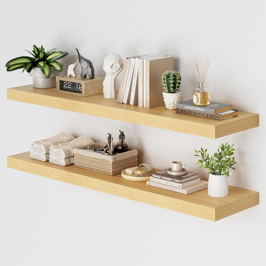 Heimlove 48W x 12D Long Floating Shelf, 12 Inch Deep Floating Shelves for Wall Set of 2, Wood Shelves for Bedroom Living Room Bathroom Kitchen Home Office, Wall Shelves with Heavy Duty Bracket, Oak