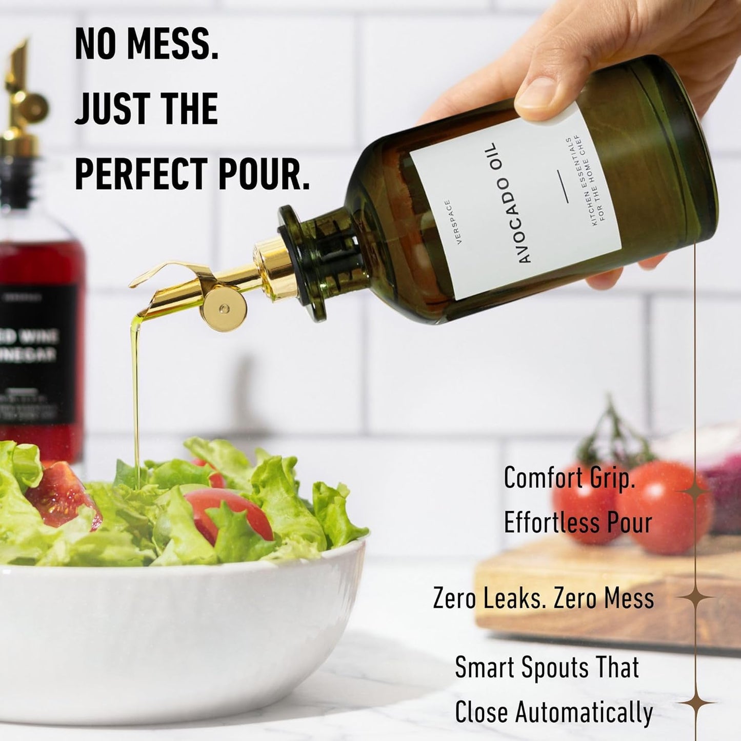 Green Glass Olive Oil Dispenser Bottle For Kitchen By Verpsace,Avocado Oil Dispenser Set, Modern Decor, Gold Kitchen Accessories for Home, Airbnb, Cafe (Gold, Set of 2)