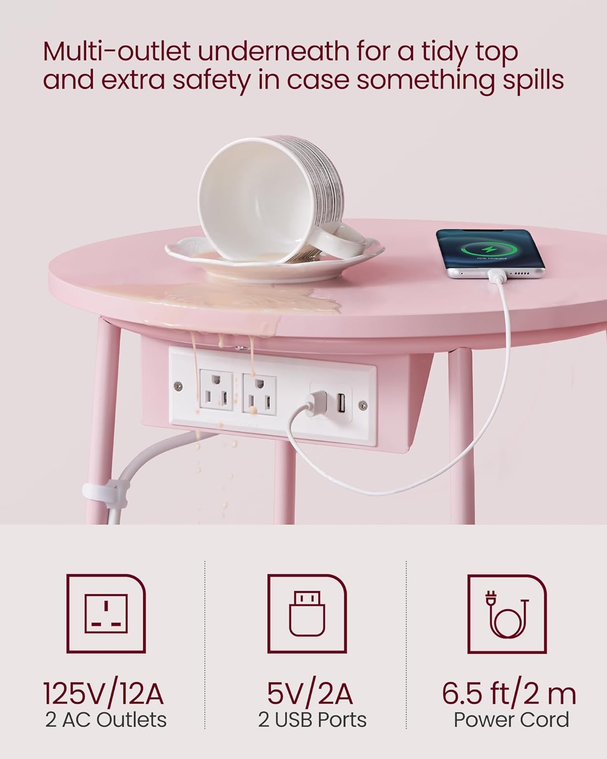 VASAGLE Side Table with Charging Station, Round End Table with Fabric Basket, Nightstand with Power Outlets, USB Ports, for Living Room, Bedroom, Modern, Jelly Pink and Cream White ULET228R01